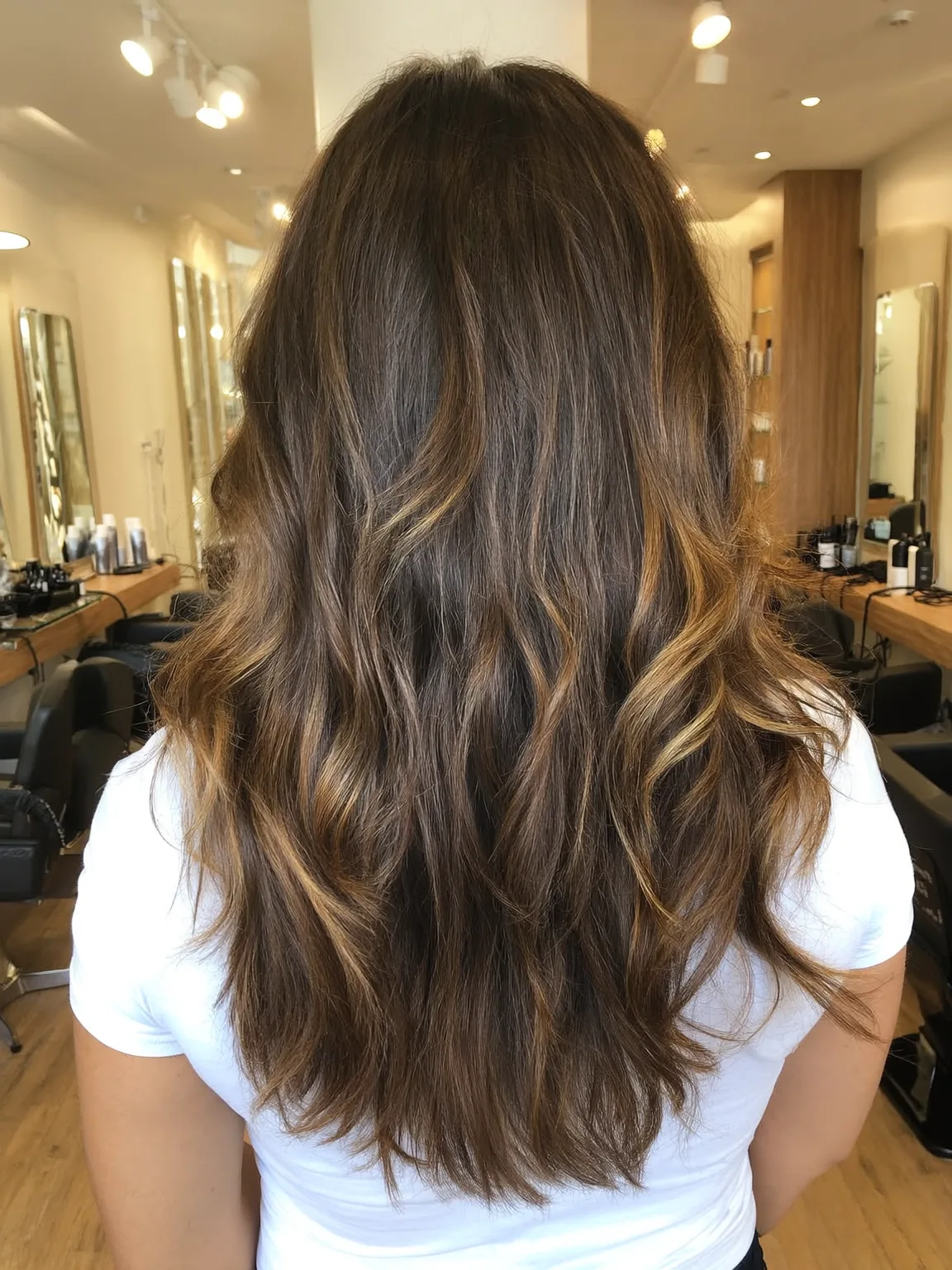 Long Honey Brown Balayage with Voluminous Layers